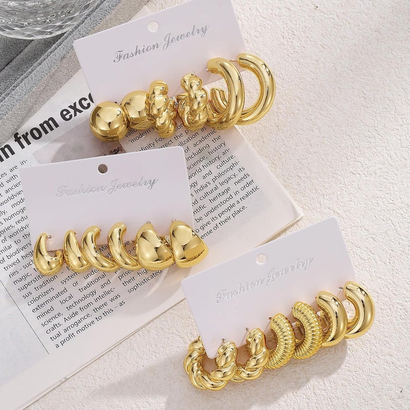 IFKM 24 Pairs Gold Hoop Earrings Set for Women Hypoallergenic Chunky Chain Twisted Open Hoops Dangle Earring Packs for Birthday Party Christmas Fashion Jewelry Gift - Image 5
